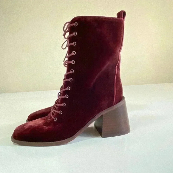 Sam Edelman Westie Brick Velvet Size 6 Chunky Heel Squared Toe Lace Up Boots - Picture 5 of 10